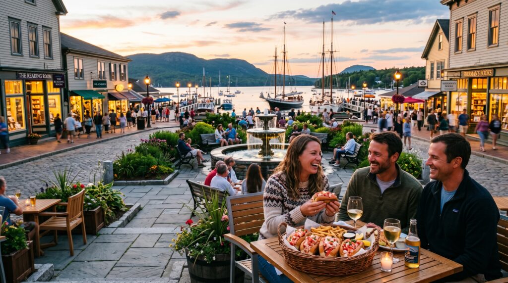 Friends eating fresh Maine lobster rolls at an outdoor patio overlooking Agamont Park fountain and schooners in Bar Harbor near Acadia.