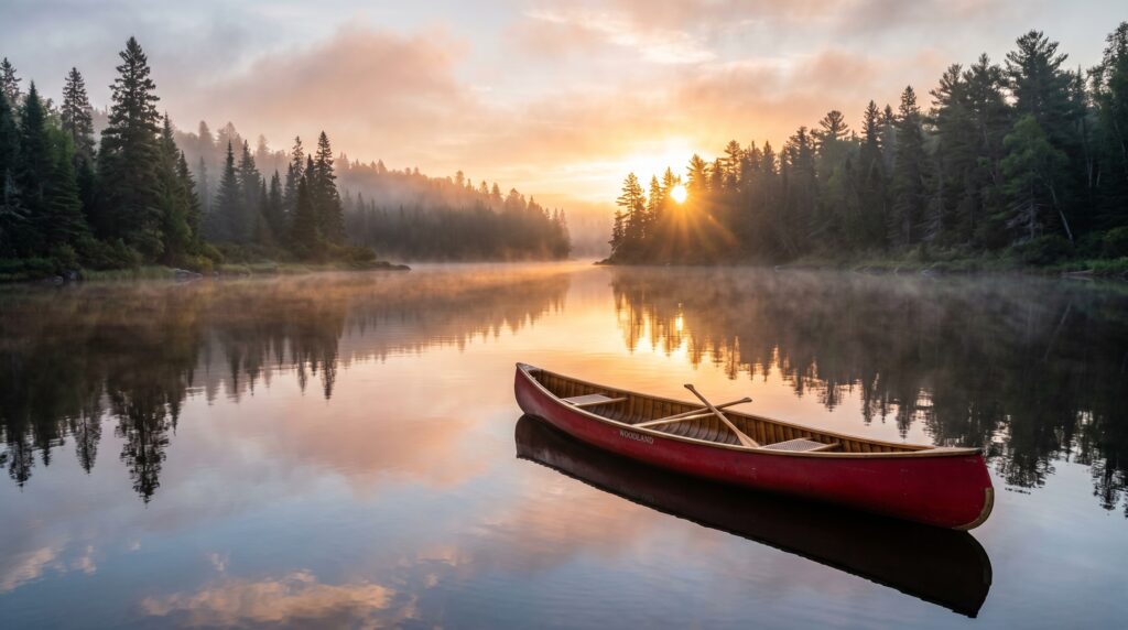 A classic red wooden canoe floating on a calm, misty northern Maine river at sunrise.