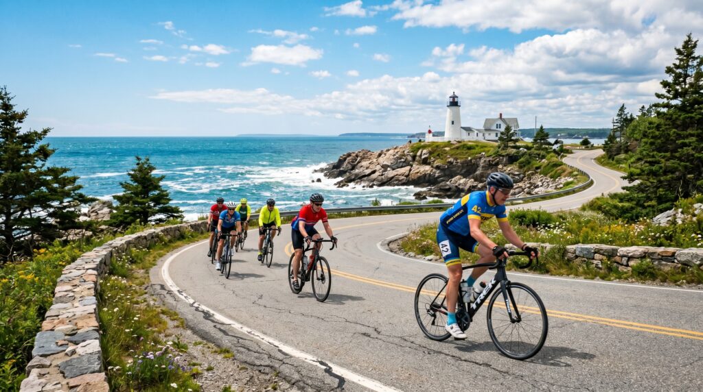 A group of cyclists riding road bikes on a winding coastal highway in Maine with a scenic ocean background and a white lighthouse on a rocky cliff.