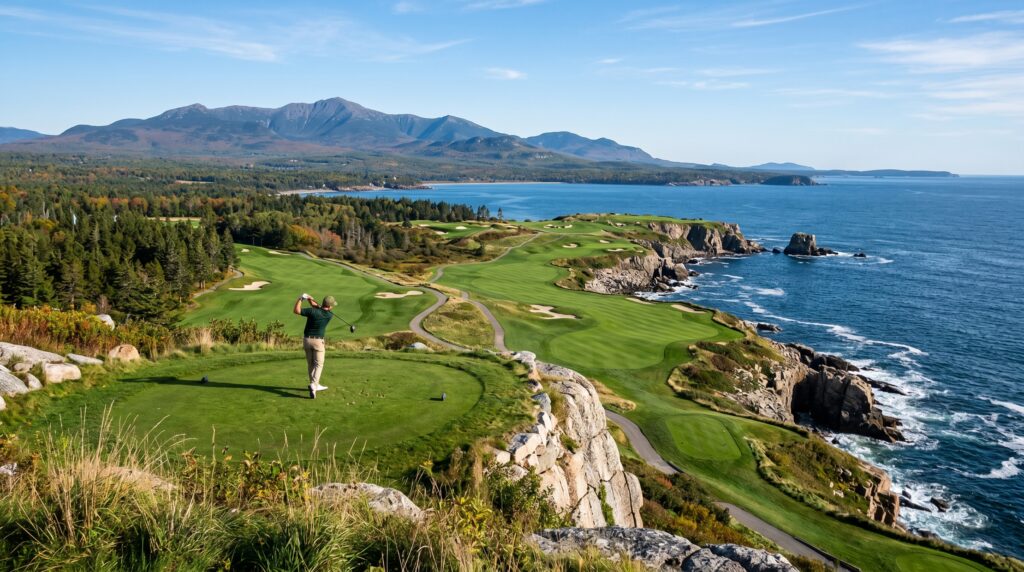 A wide landscape photograph taken from a high rock overlooking a golfer in a green shirt and khaki pants completing his golf swing on a green fairway. The course has winding paths and bunkers, set against a backdrop of a blue bay, forested hills, and large mountains on a clear day.