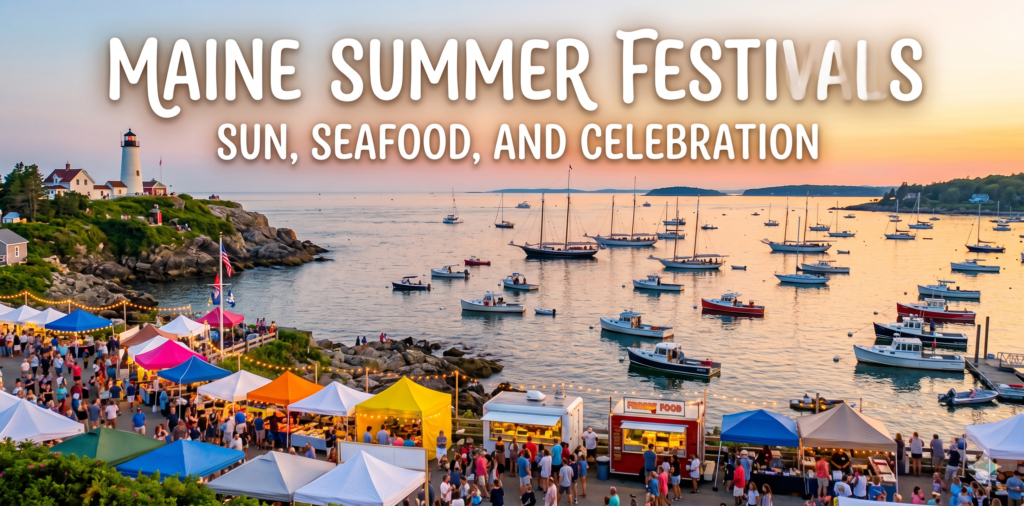 A vibrant sunset photo of a Maine coastal festival on a rocky shore, featuring a harbor full of windjammers, illuminated vendor tents, a lighthouse, and crowds celebrating.