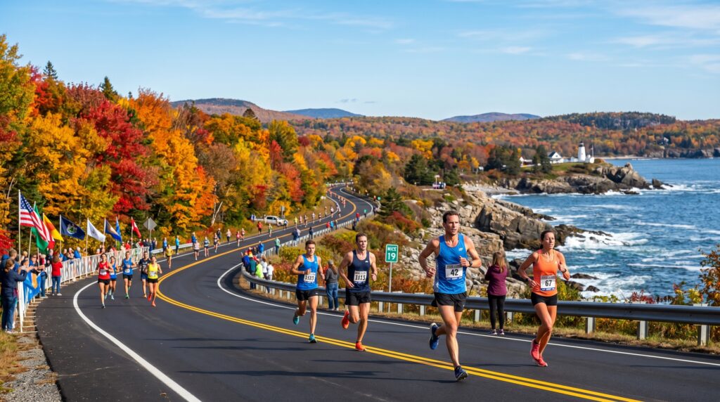 Marathon runners on a coastal Maine road surrounded by peak autumn foliage and a historic lighthouse.