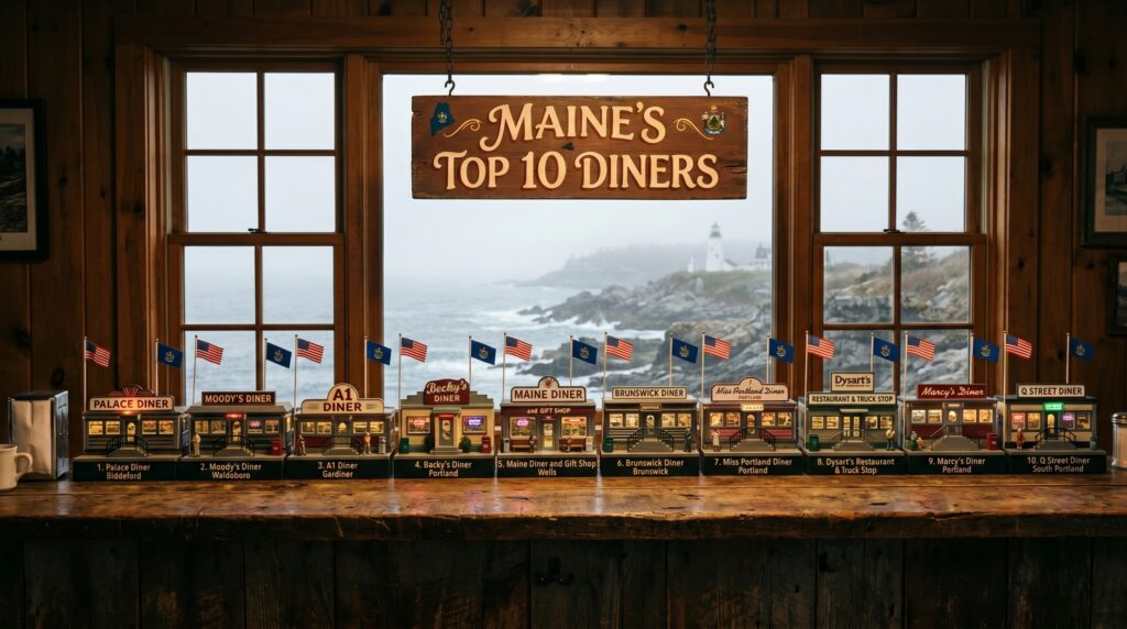 A rustic display featuring miniature models of ten iconic Maine diners lined up on a wooden counter under a sign that reads "Maine's Top 10 Diners." The background shows a large window overlooking a foggy Atlantic coastline with a lighthouse in the distance.
