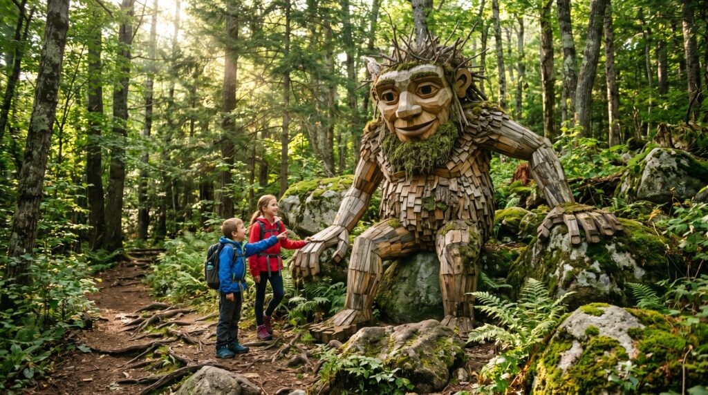 Two young children wearing backpacks standing on a wooded trail and pointing at a massive, friendly giant troll sculpture built from recycled wood pieces by artist Thomas Dambo in a sun-drenched forest.