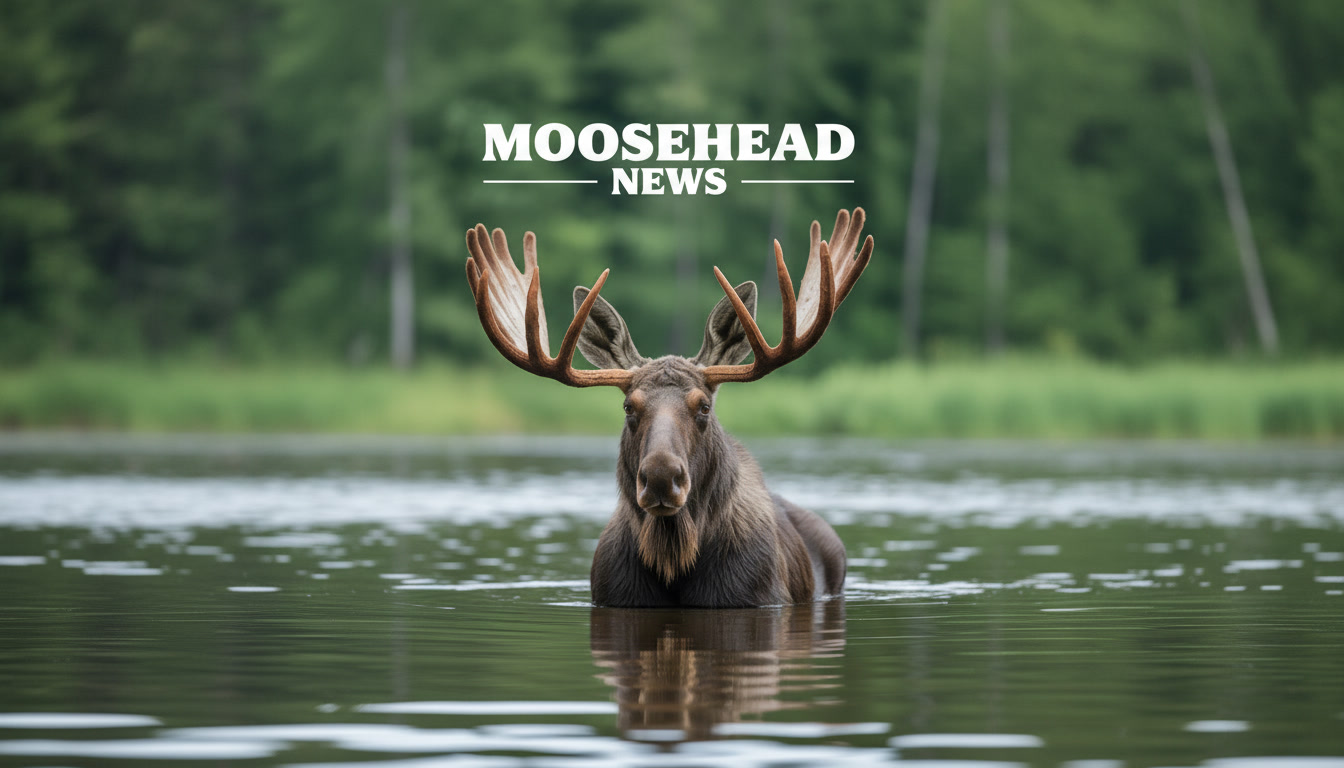 A large bull moose with impressive antlers stands in a calm river. The Moosehead News white text logo is centered above it.