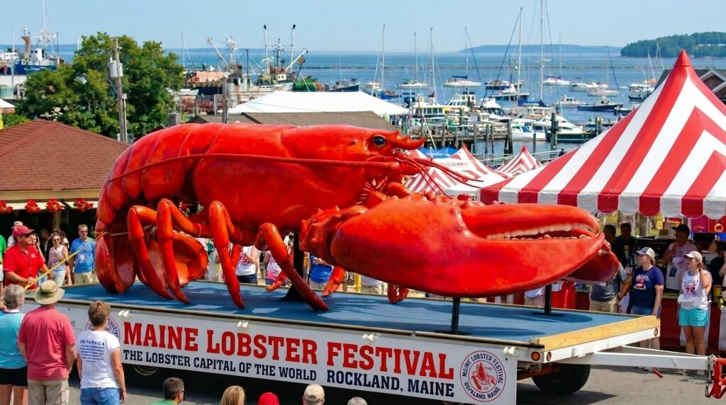 A festival parade float featuring a massive, bright red giant lobster statue with the words Maine Lobster Festival on the side, set against a background of white and red striped tents and a harbor full of boats in Rockland, Maine.