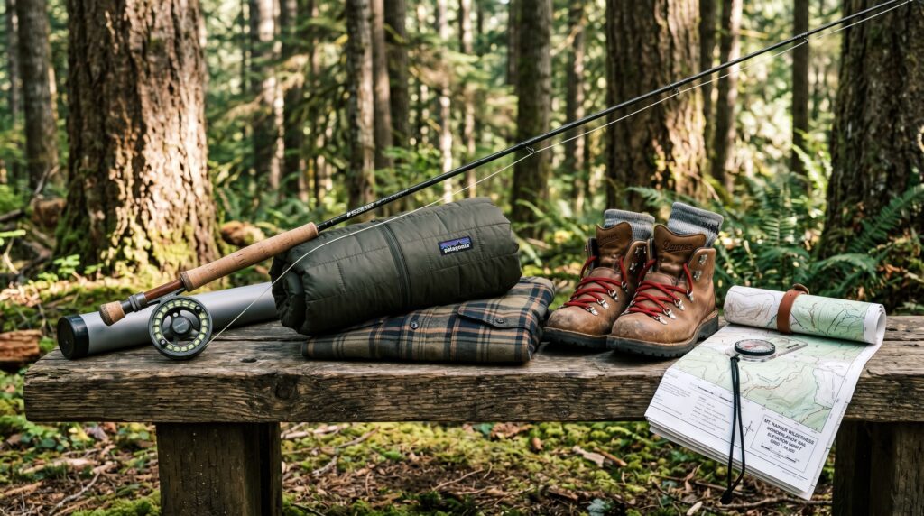 A collection of outdoor wilderness gear, including a fly fishing rod, a rolled jacket, a plaid shirt, leather hiking boots, and a topographic trail map with a compass, all arranged on a rustic wooden bench in a dense green forest.