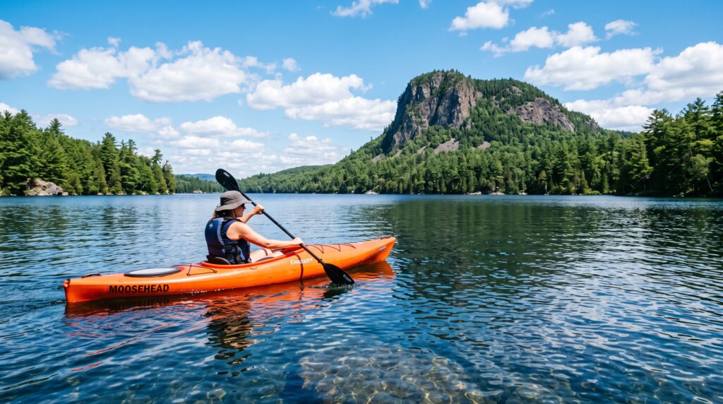 A person paddling an orange kayak on Moosehead Lake with Mount Kineo rising in the background.