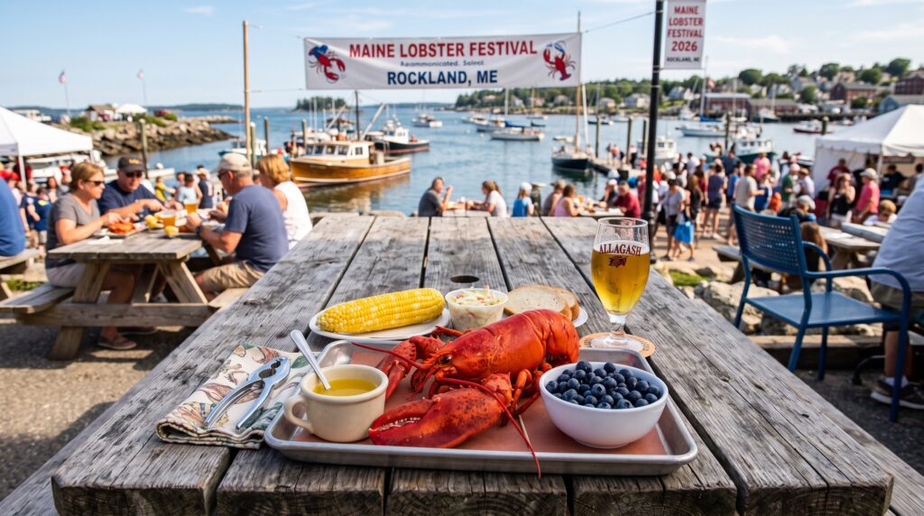 Fresh Maine lobster dinner served on a rustic wooden picnic table at the outdoor Maine Lobster Festival in Rockland, featuring melted butter, corn on the cob, wild blueberries, and local craft beer with a sunny harbor backdrop.