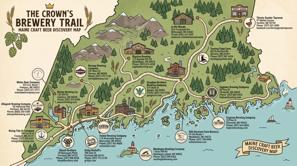 An illustrated Maine craft beer trail map titled The Crown's Brewery Trail, featuring regional brewery locations, logos, contact details, and landmarks from Portland to the North Woods.