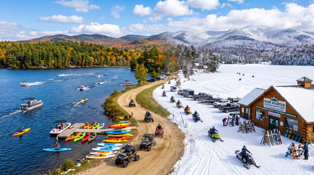 Dual season Maine outdoor recreation scene with ATVs on a dirt trail and snowmobiles on snow, with speedboats and kayaks on a lake.
