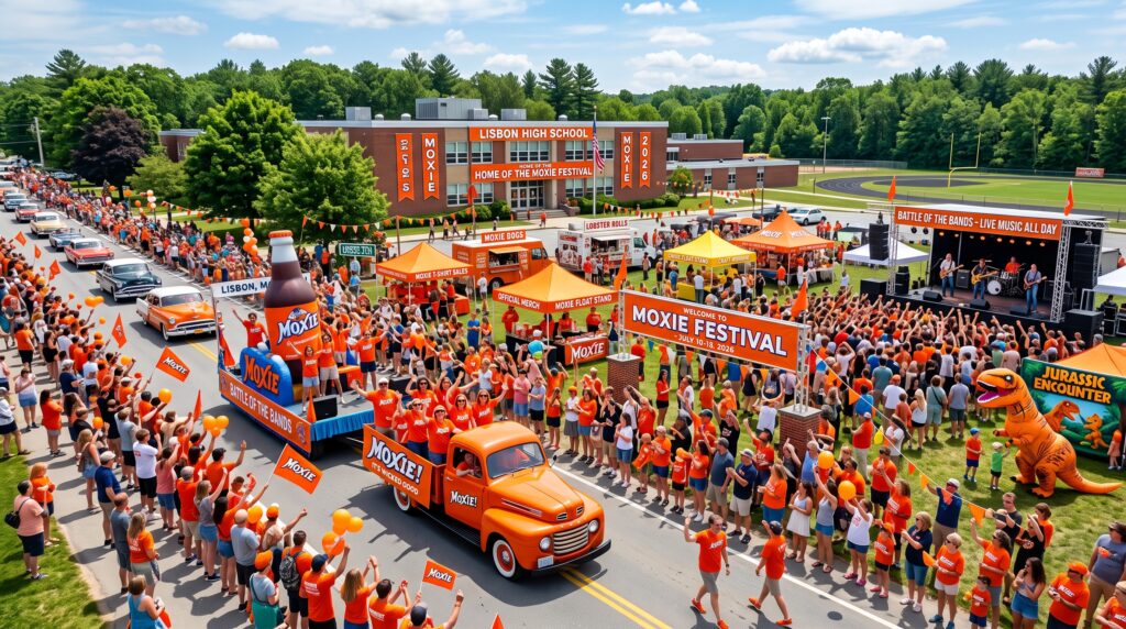 Crowds cheering at the Moxie Festival parade in front of Lisbon High School with orange floats, food trucks, and an outdoor concert stage.