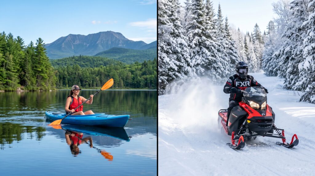 A split-screen showing a woman kayaking on a calm Maine lake in summer next to a rider on a red Ski-Doo snowmobile cruising a snowy trail in winter.