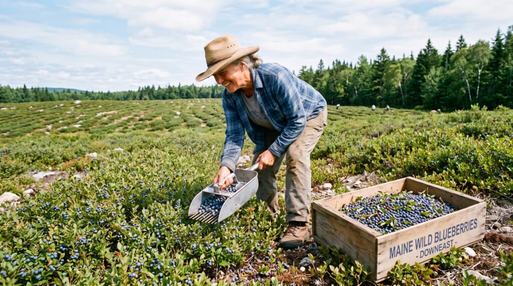 A smiling farmer in a straw hat and flannel shirt uses a metal hand rake to harvest low-bush wild blueberries in a vast Maine field. A full wooden crate labeled 'MAINE WILD BLUEBERRIES - DOWNEAST' sits on the ground nearby.