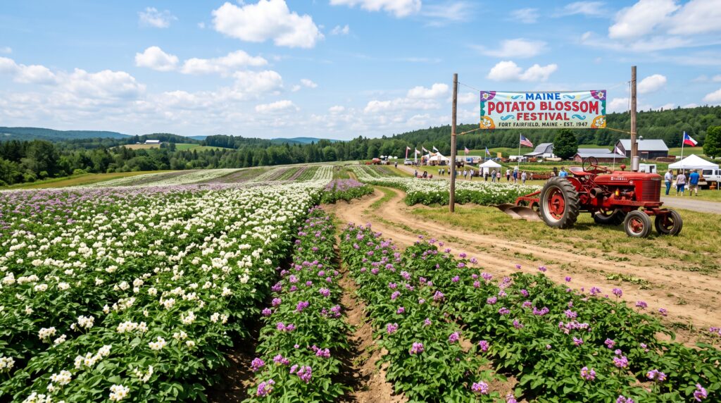 Rows of blooming white and purple potato plants in a rolling field next to a vintage red tractor and a colorful welcome sign for the Maine Potato Blossom Festival in Fort Fairfield.