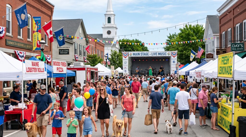 A bustling summer street festival on Main Street in Yarmouth, Maine, featuring food vendor tents, a crowd of people, and a live music stage with a historical church in the background, as seen in image.