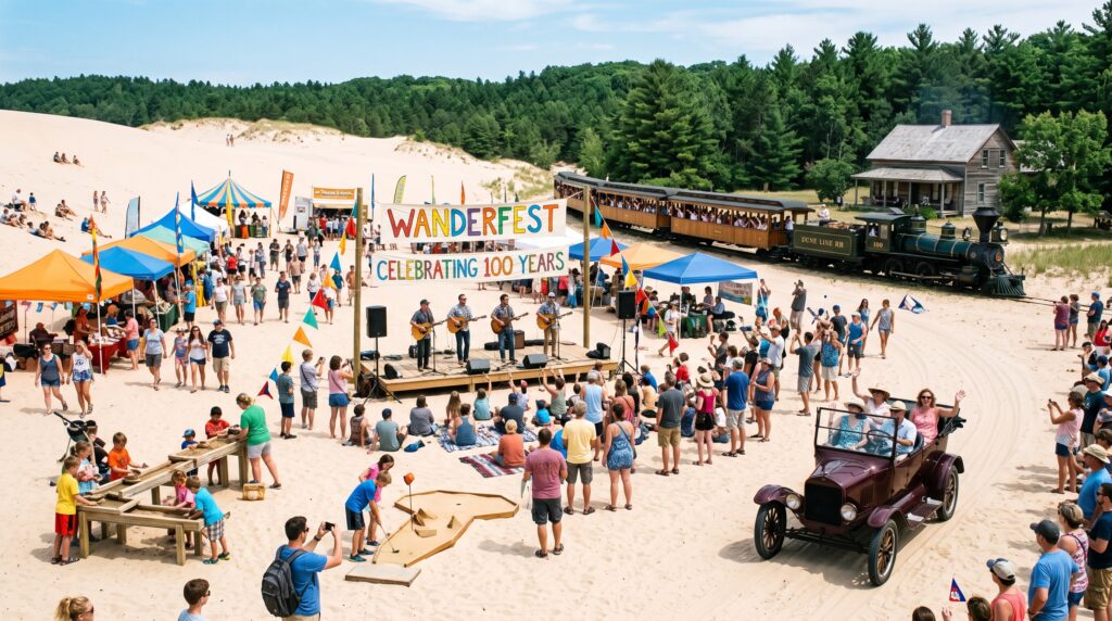 Crowds enjoying Wanderfest on sand dunes with musicians, a vintage car, mini golf, and a train near pine trees.