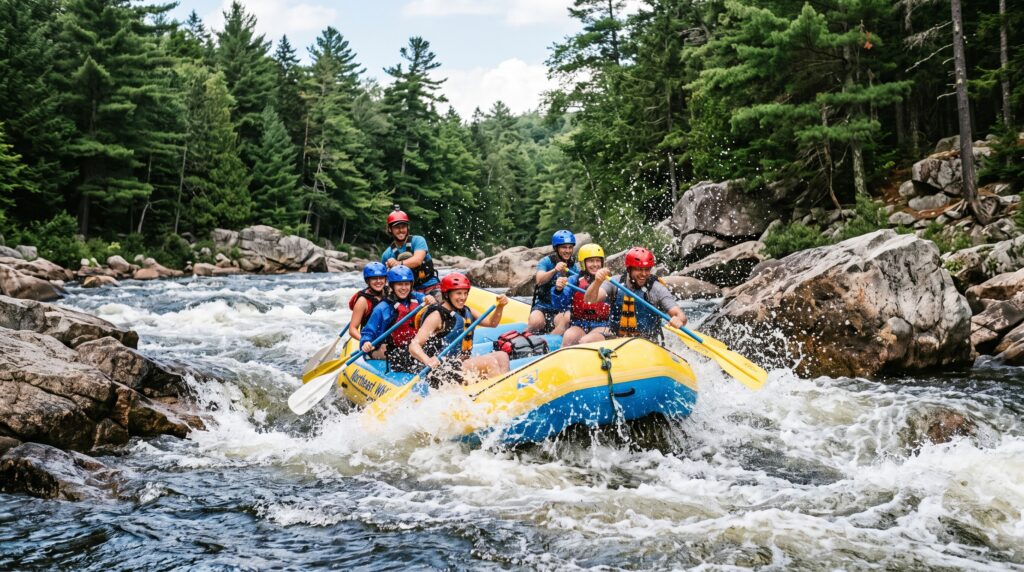 Whitewater rafting crew paddling through rocky river rapids in the Maine wilderness.
