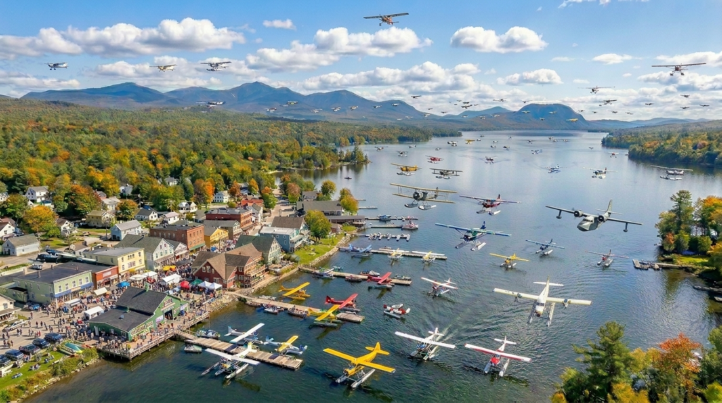Dozens of colorful seaplanes fly over and dock along downtown Greenville on Moosehead Lake in Maine.