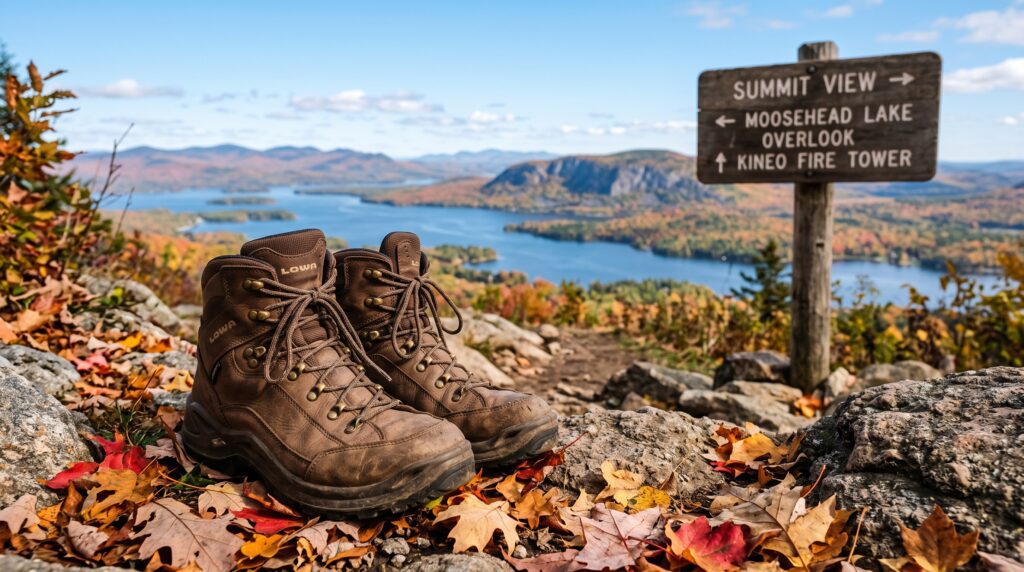 Brown leather hiking boots resting on a rocky summit path surrounded by fall foliage overlooking Moosehead Lake Maine.