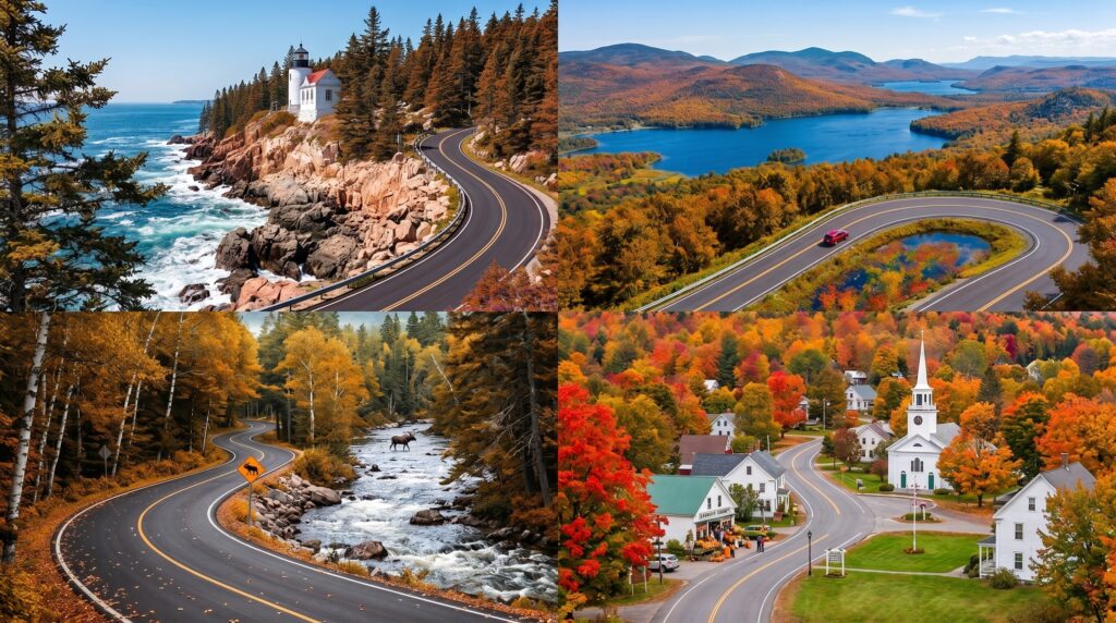 A four-panel photo collage showcasing the diverse beauty of Maine's scenic drives. Panels feature (top left) a rocky coast with a lighthouse and winding road, (top right) an overlook with a winding road, car, and mountain lake, (bottom left) an autumn road beside a river with a moose, and (bottom right) a winding road through an autumn village with a church.