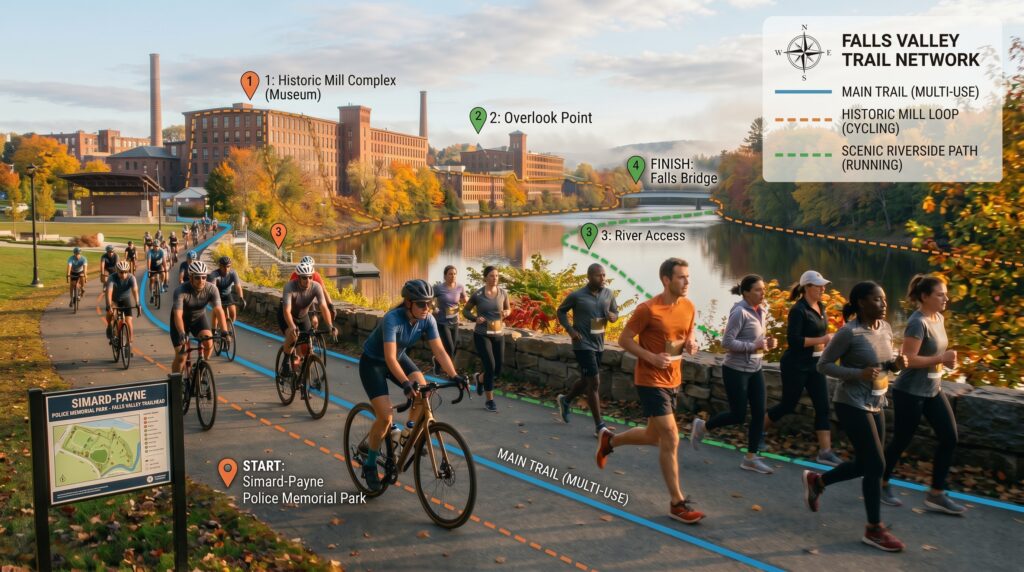 Cyclists and runners on the riverside trail at Simard-Payne Police Memorial Park in Lewiston, Maine.