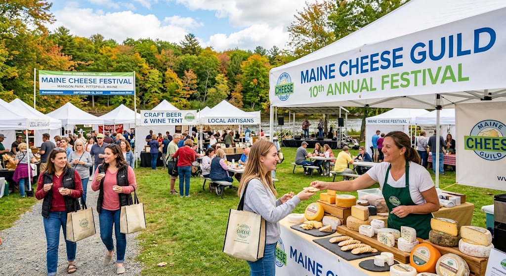 Artisan cheesemaker handing a cheese sample to a visitor at the Maine Cheese Festival in Manson Park.