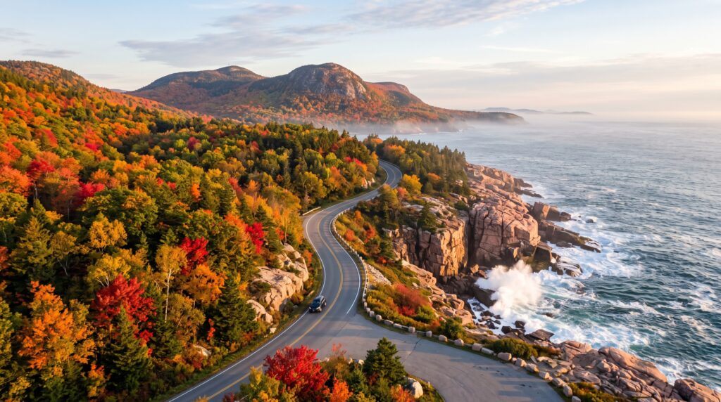 Aerial view of a car driving along the winding coastal road in Acadia National Park flanked by vibrant fall foliage and crashing ocean waves.