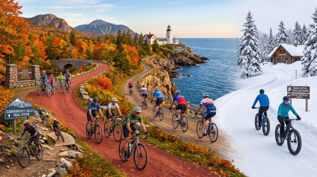 A group of cyclists in Maine riding on varied terrain. From left to right: technical singletrack mountain biking in green summer forests; smooth gravel carriage roads by a coastal lighthouse; and winter fat biking on a snowy trail near a log cabin. The background transitions through the seasons.