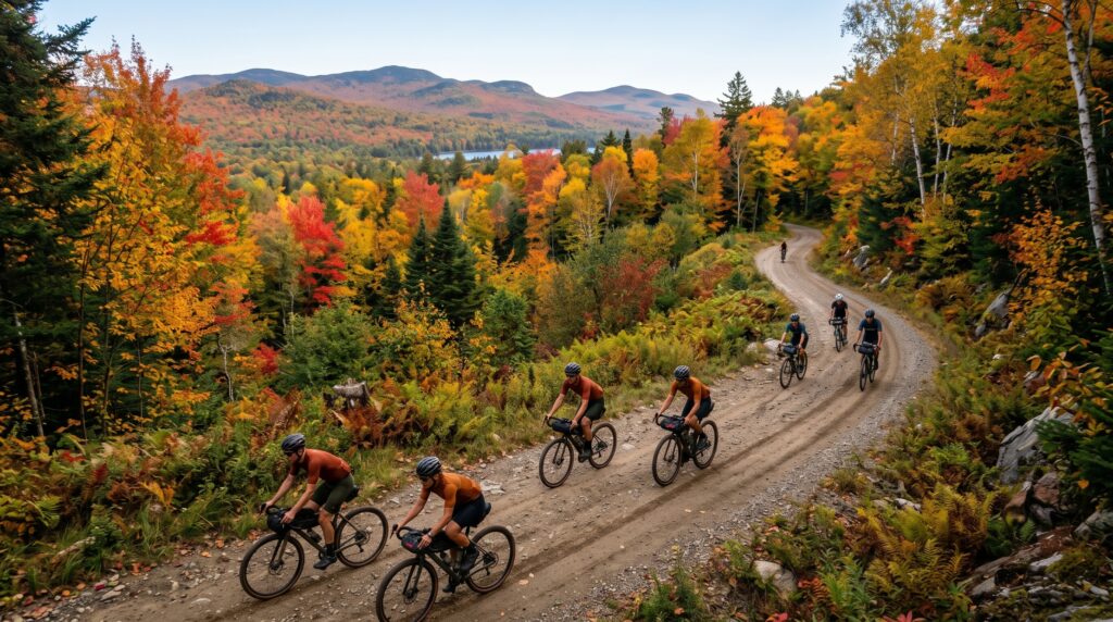 Cyclists riding gravel bikes along a winding dirt road through vibrant red, orange, and gold autumn foliage in the Maine North Woods near Gorman Chairback Lodge.
