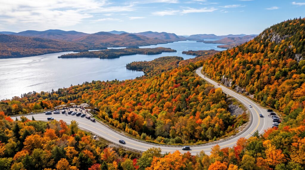 Aerial drone view of the winding US Route 1 highway surrounded by vibrant autumn foliage, scenic turnouts, and the Chiputneticook chain of lakes along the Million Dollar View Scenic Byway.