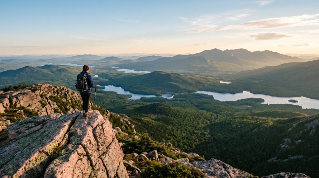 Hiker standing on a pink granite mountain summit overlooking Maine lakes and forested valleys at sunset.