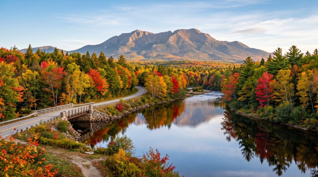 Scenic road and stone bridge along the Penobscot River with colorful fall trees framing Mount Katahdin in Maine.