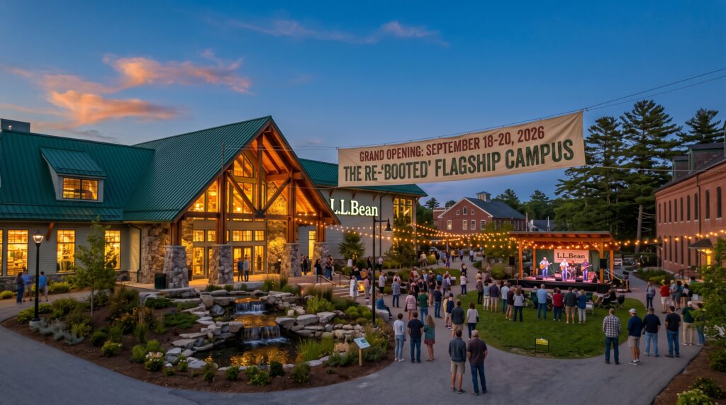 Outdoor dusk view of the renovated L.L. Bean Flagship store campus in Freeport Maine with visitors and live music.