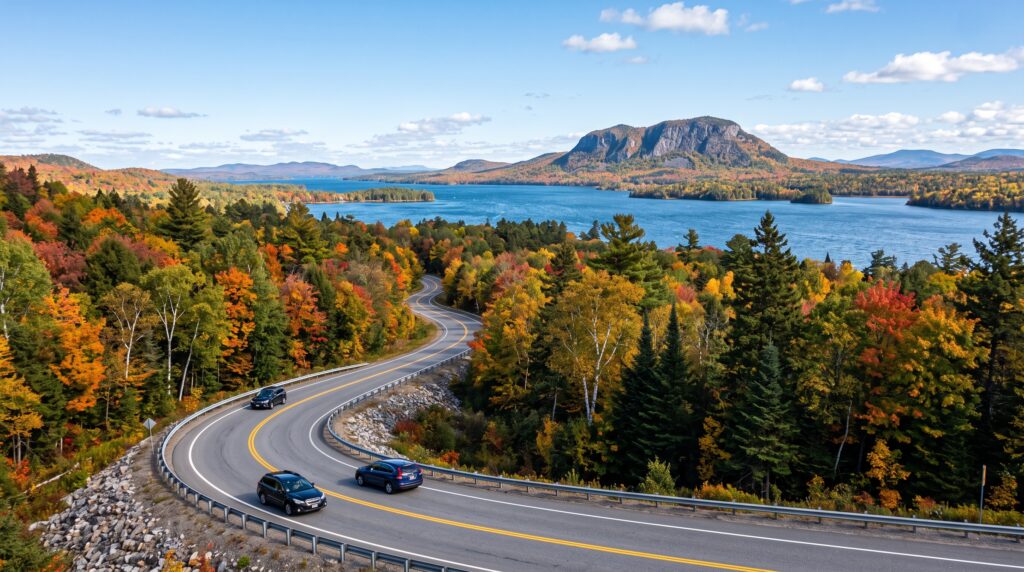 Winding road along the Moosehead Lake Scenic Byway overlooking autumn foliage and Mount Kineo in Maine.