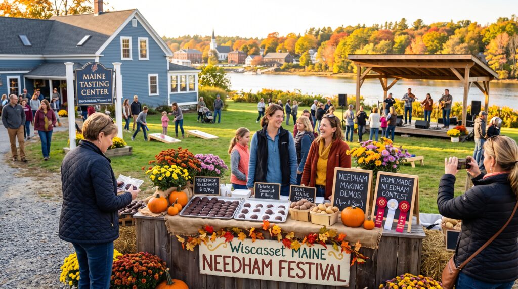 Outdoor food stall at the Maine Needham Festival displaying chocolate candy, fresh potatoes, and autumn flowers in Wiscasset.