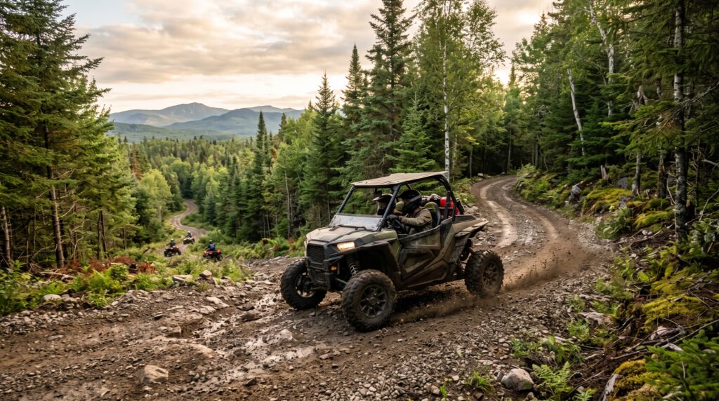 Off-road side-by-side vehicle navigating a rugged Maine ATV trail with riders and scenic mountain views.