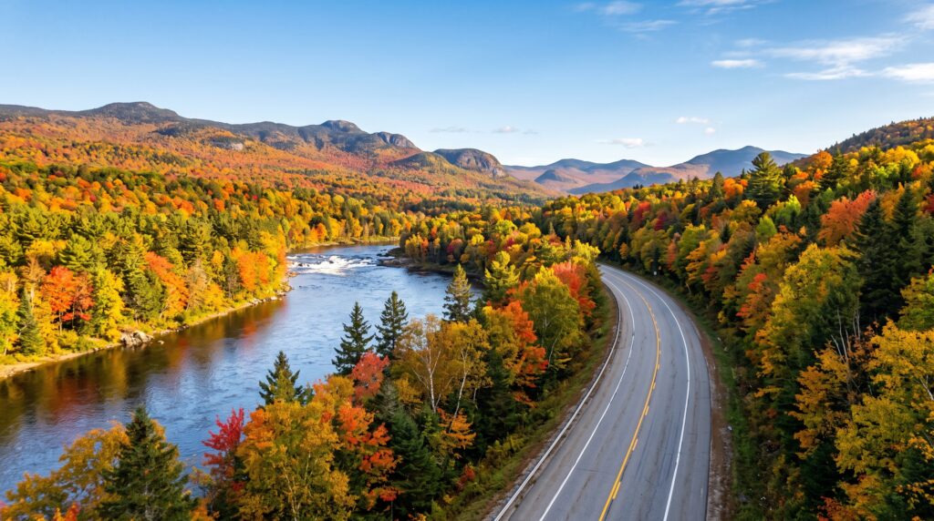 Aerial view of the Old Canada Road National Scenic Byway curving beside a river during peak autumn foliage in Maine.