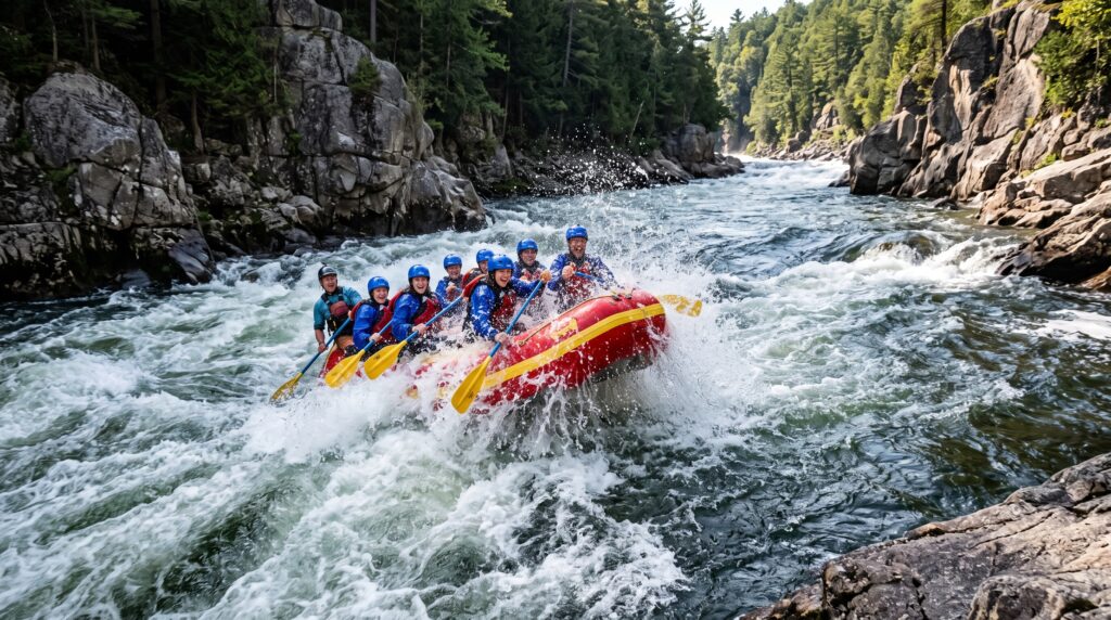 Whitewater raft navigating massive turbulent waves during a Kennebec River high water release in Maine.