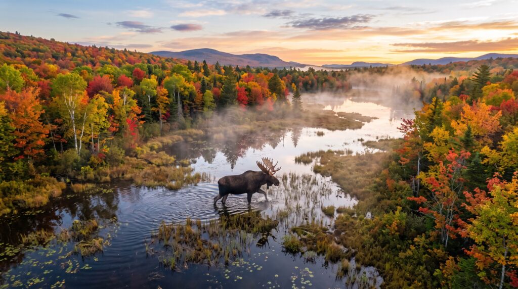 A massive bull moose wades through the misty shallows of a vibrant autumn bog near Moosehead Lake during sunrise.