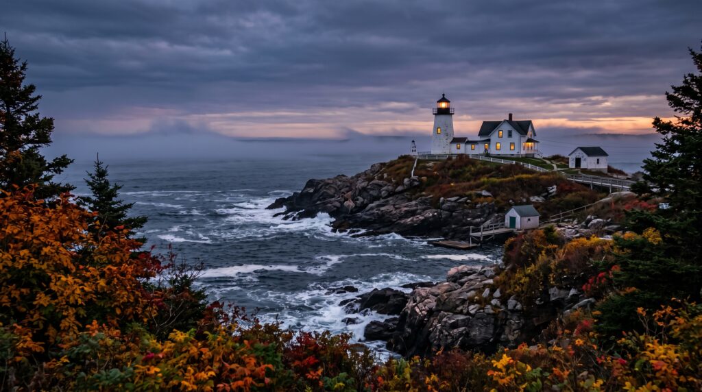 Historic Burnt Island Lighthouse standing on a rugged Maine rocky coastline surrounded by vibrant autumn foliage and rolling twilight fog.