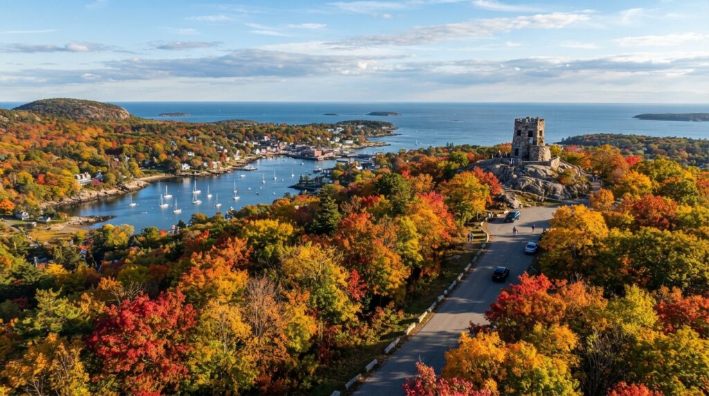 Aerial view of Mount Battie stone tower at Camden Hills State Park overlooking a vibrant coastal harbor framed by red and gold autumn trees.