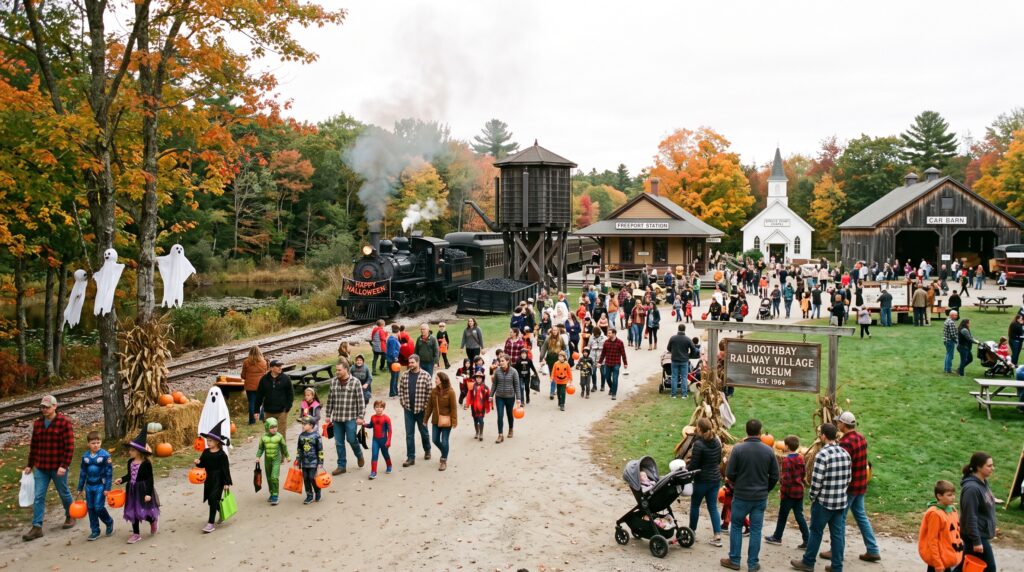 Costumed families trick-or-treating past the historic train and buildings during the Boothbay Railway SPOOK-tacular event.