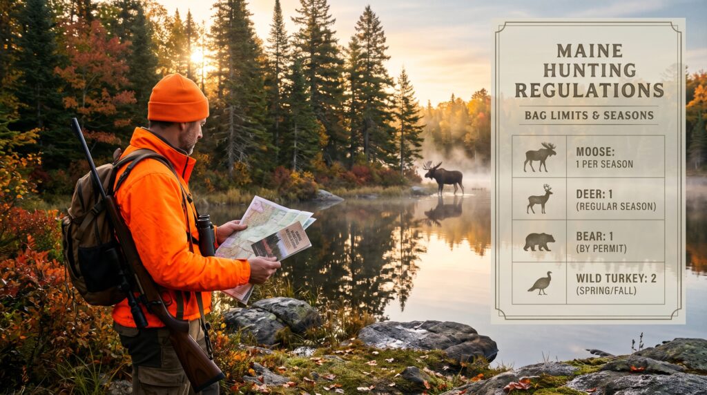 A hunter in blaze orange reviews a map by a Maine lake next to an infographic showing moose, deer, bear, and wild turkey bag limits.