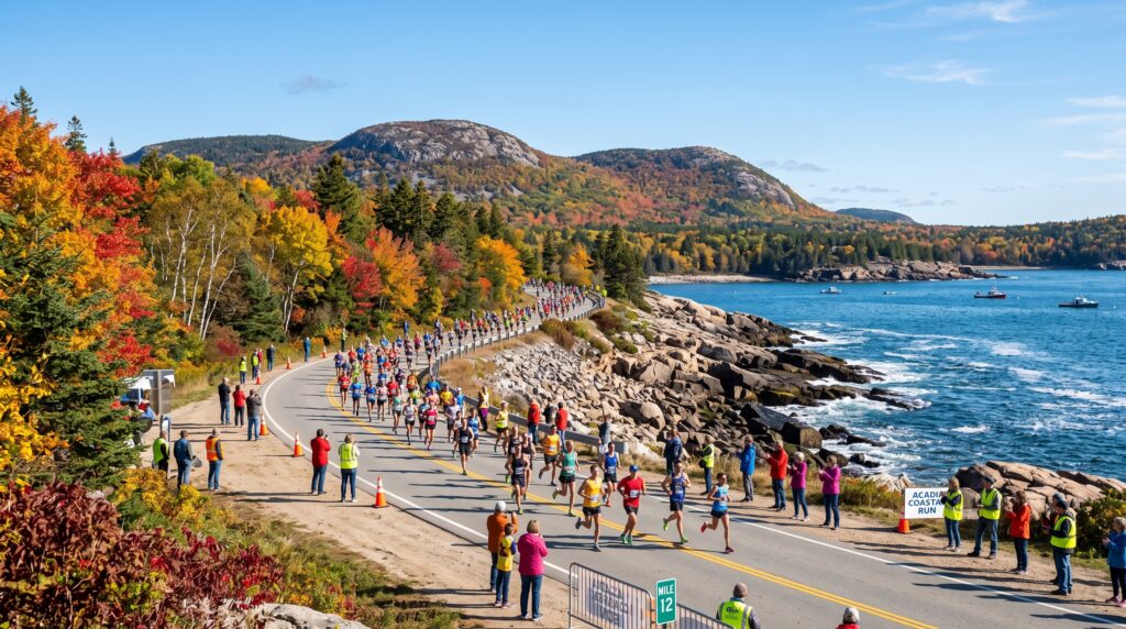 Runners participating in the Mount Desert Island Marathon along a coastal Maine road lined with vibrant autumn foliage.