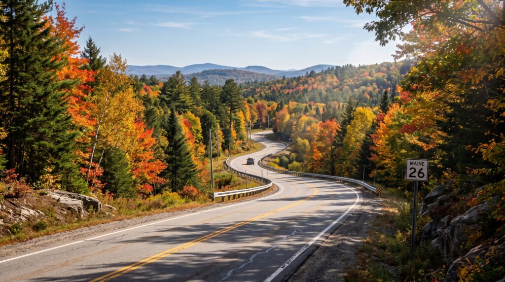Scenic Route 26 winds through colorful autumn forests and rolling hills in Western Maine under a bright blue sky.