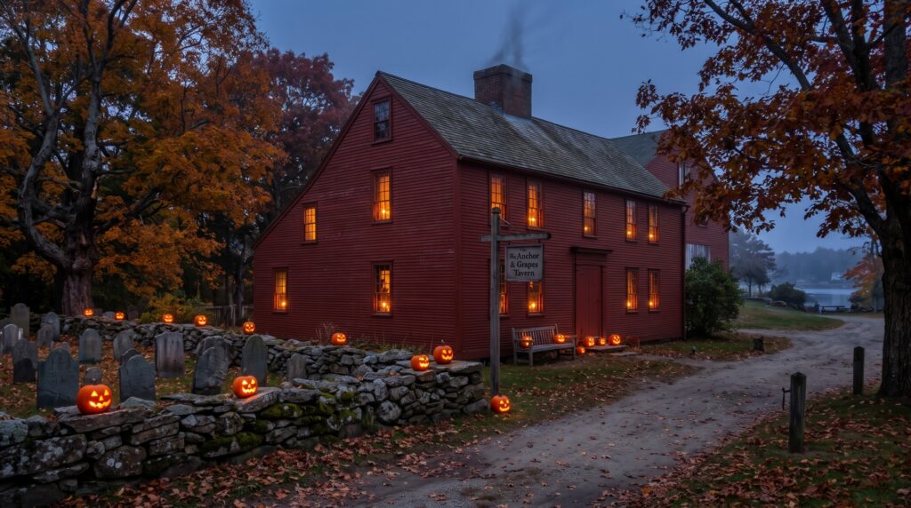 Glowing jack-o-lanterns lining a historic stone wall next to a red 18th-century New England tavern in York, Maine at twilight.